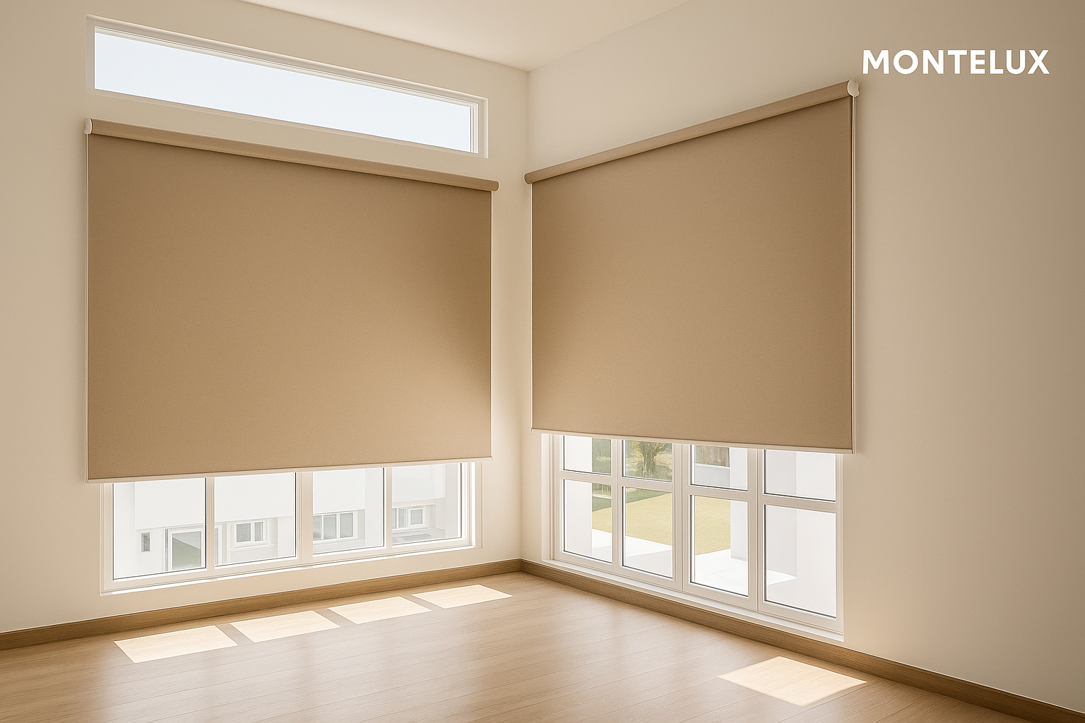 Cortina roller blackout color gris claro para ventana de oficina en Santiago